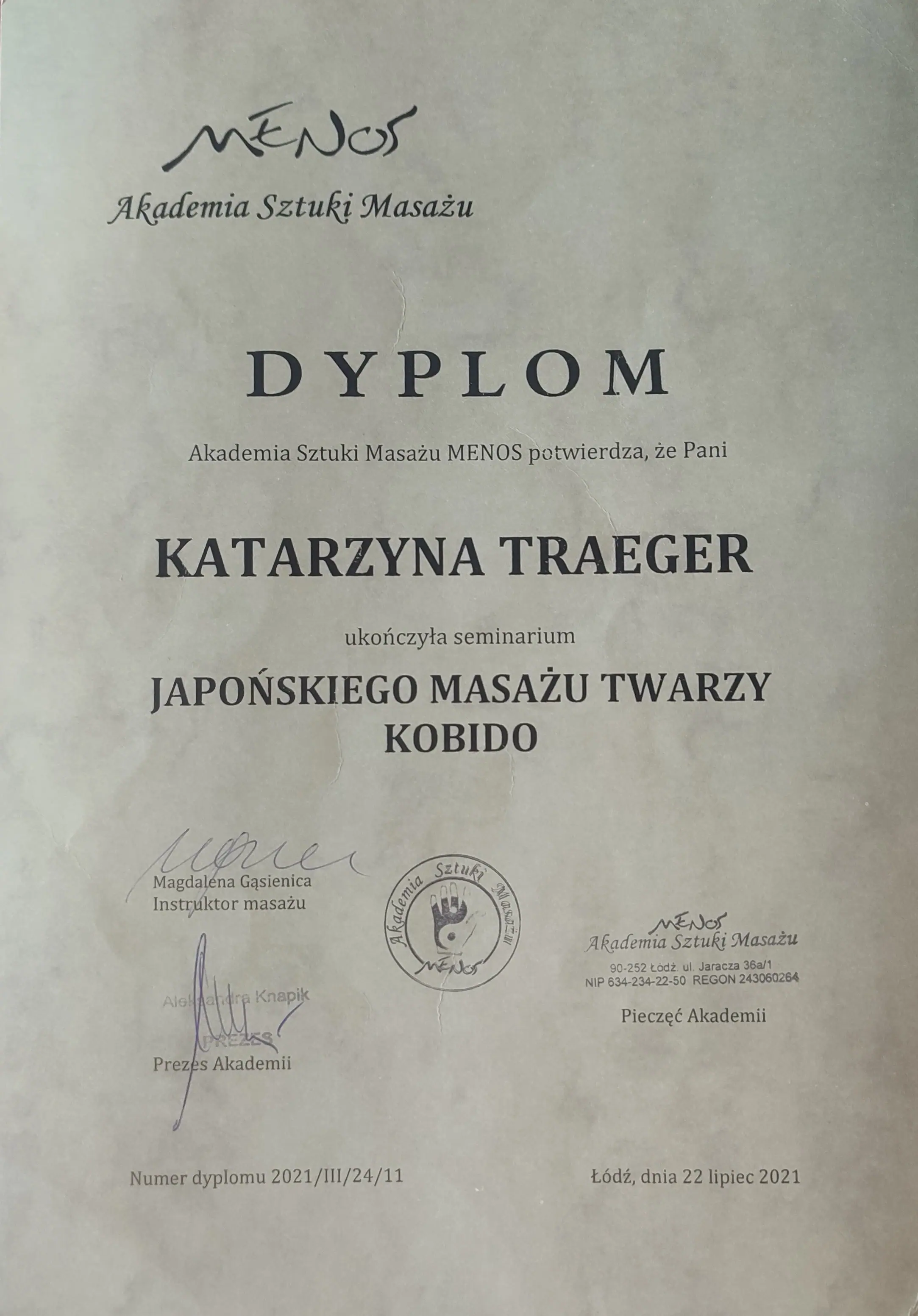 Certyfikat japońskiego masażu twarzy Kobido
