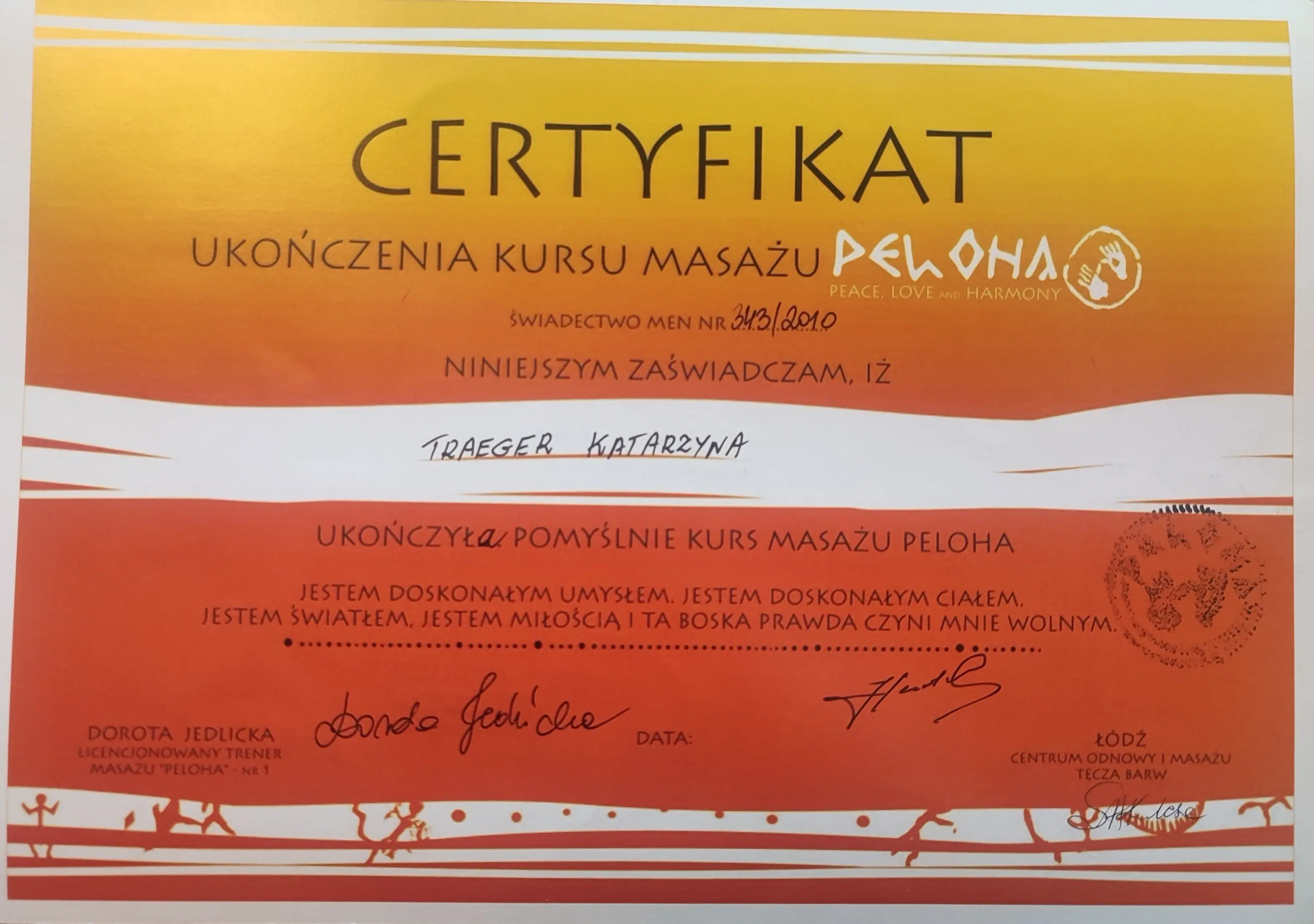 Certyfikat masażu Peloha