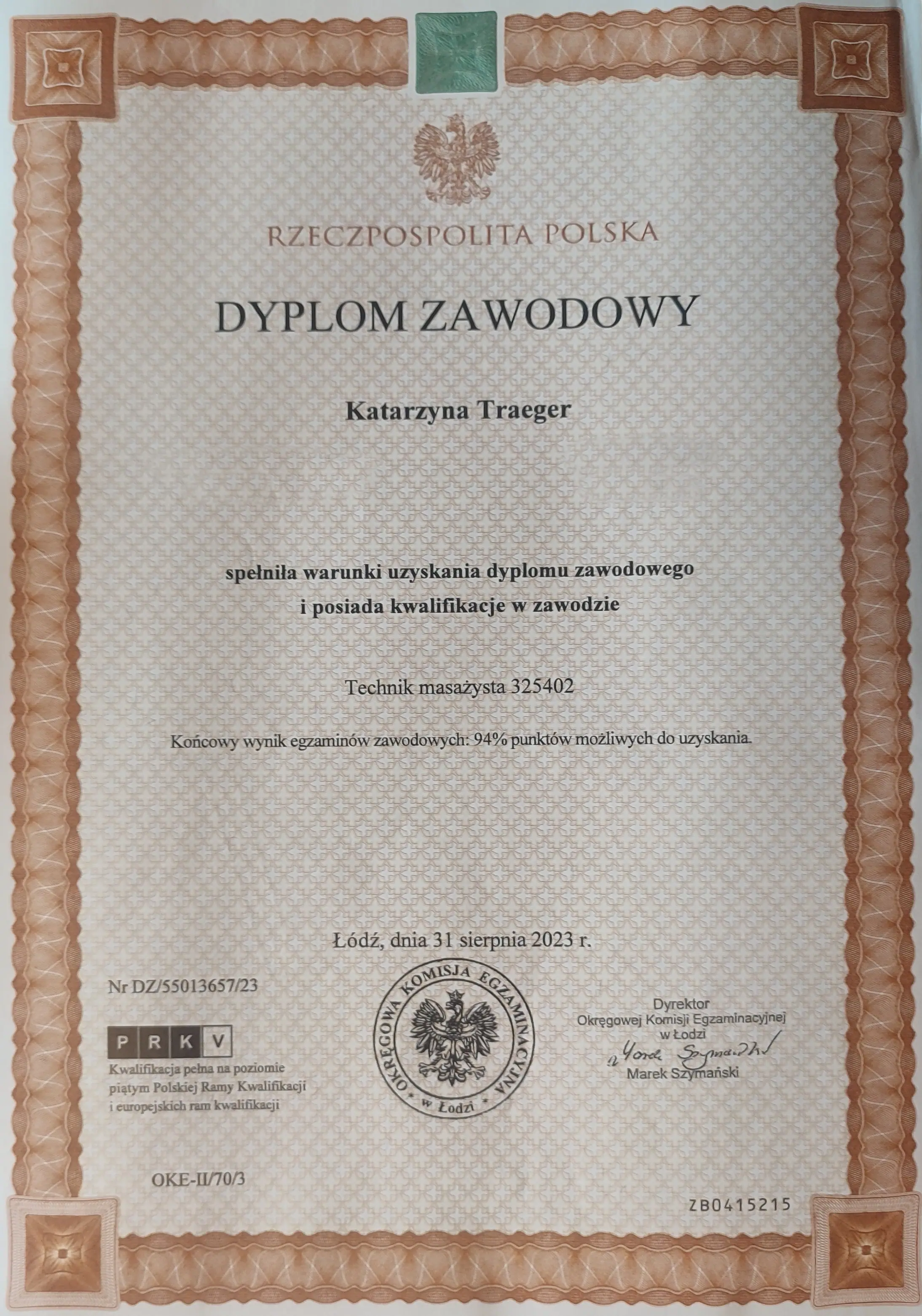 Certyfikat zawodowy masażysty