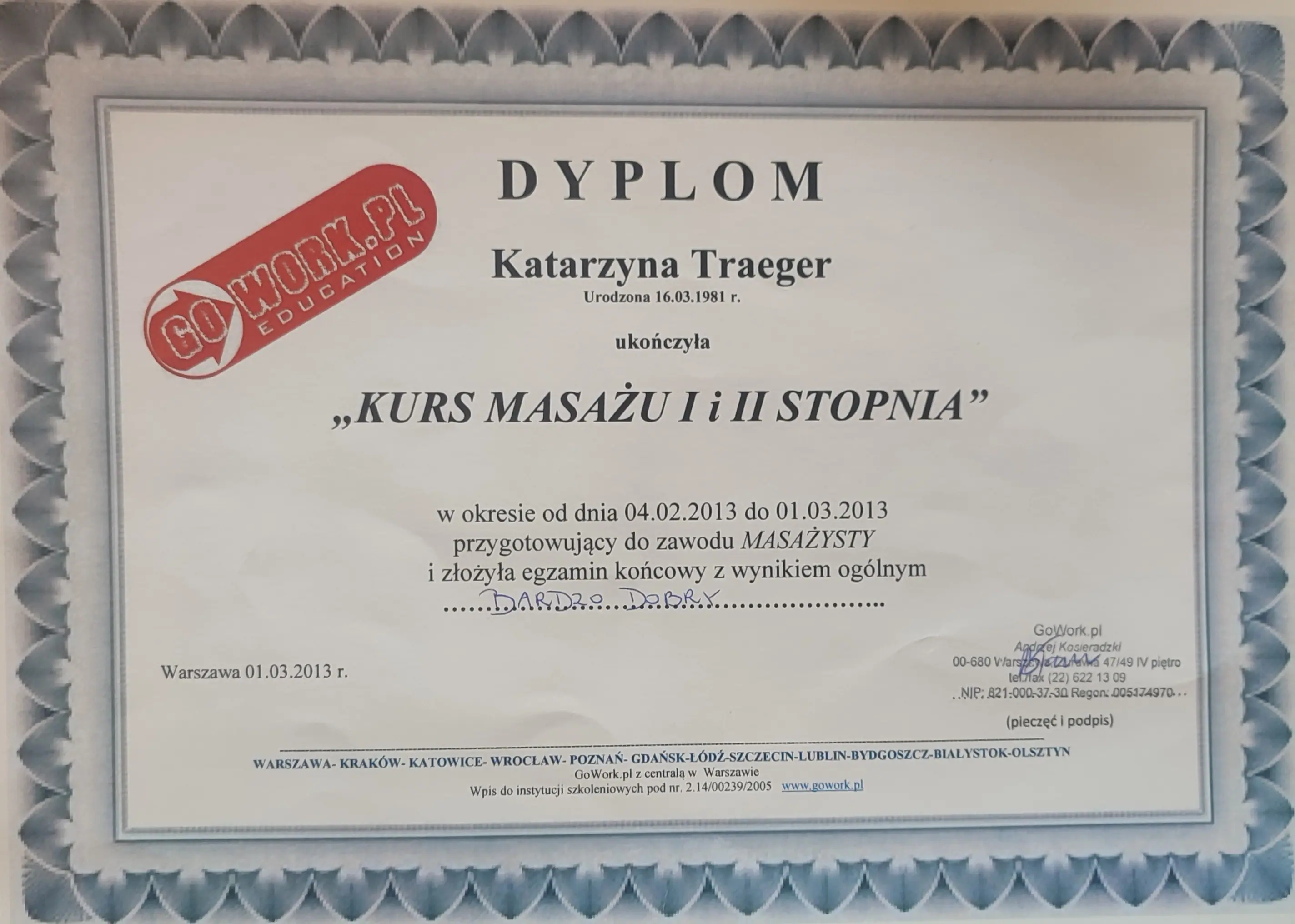 Dyplom kursu masażu I i II stopnia